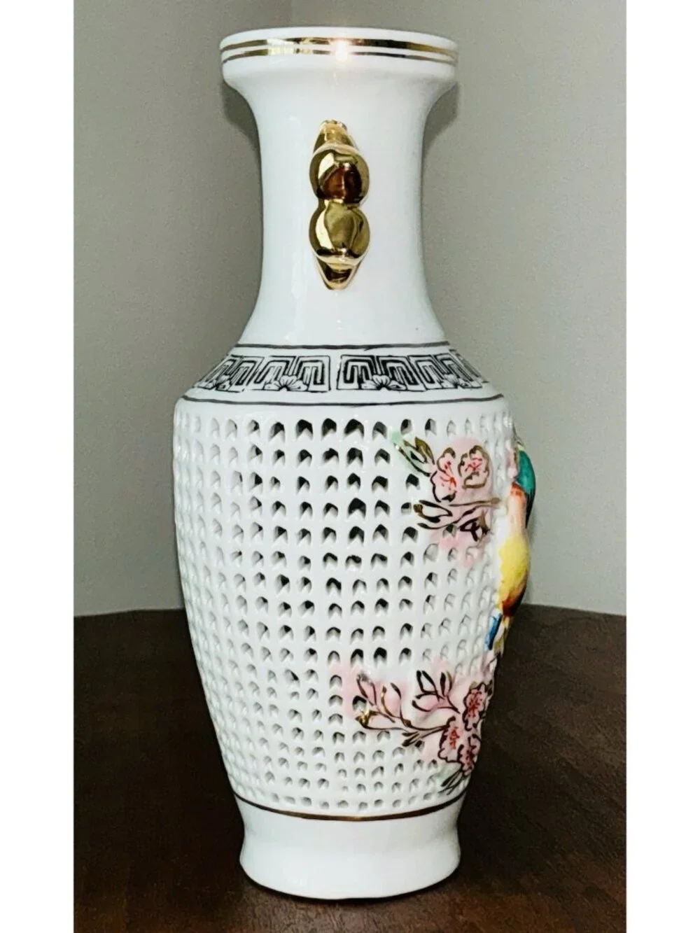 Vintage Chinese Reticulated Bird Vase Gold Handles Porcelain 8.25